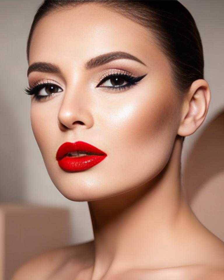 Make-up glam su modella con eyeliner preciso, pelle levigata e labbra rosse